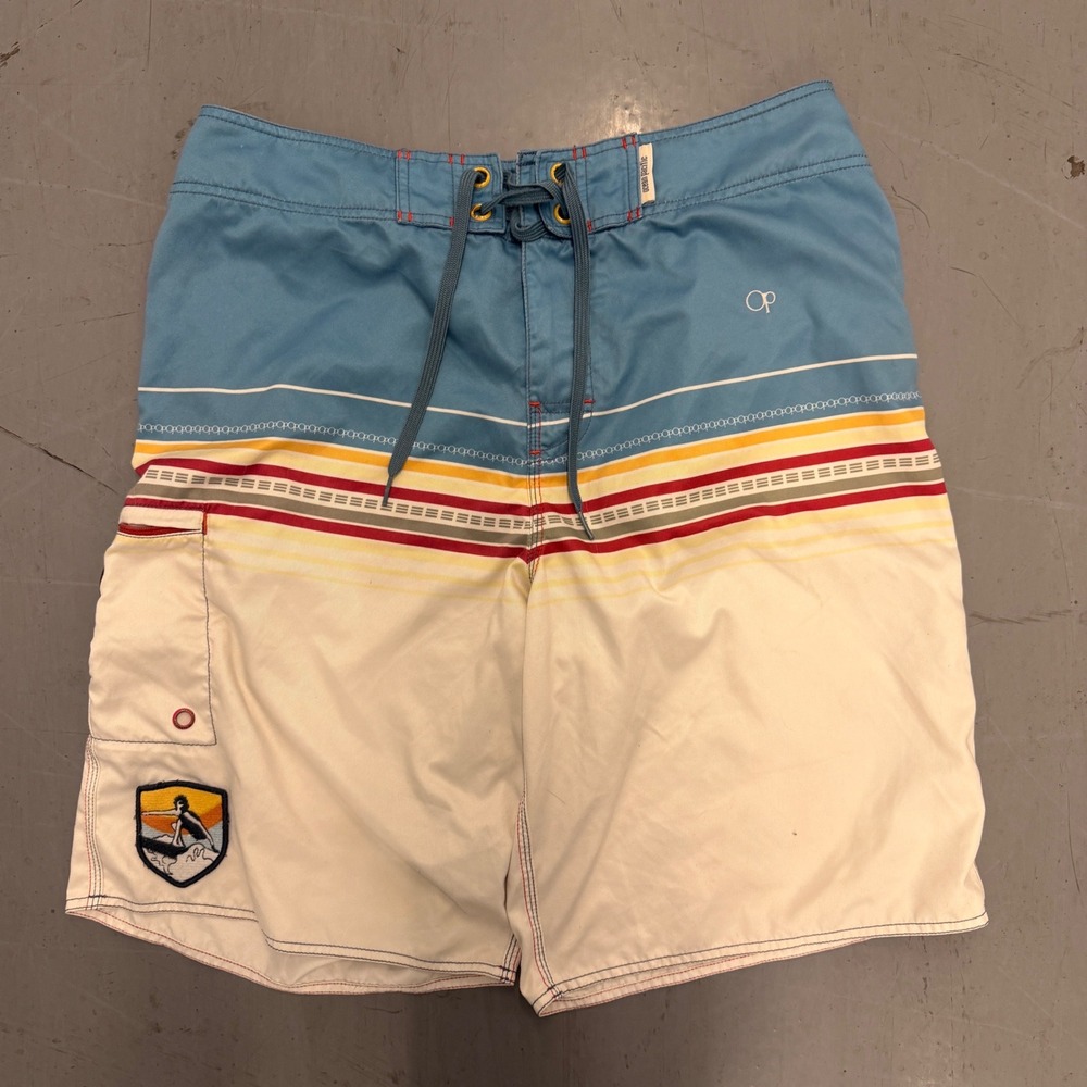 Ocean Pacific Mens Retro Striped‎ Board Shorts Blue White Surf Trunks Size 34